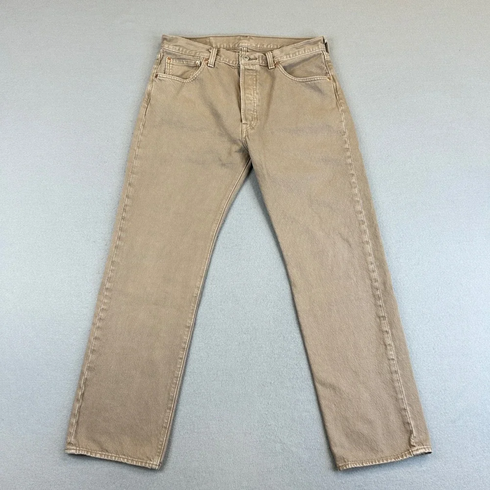Levis 501 Jeans Mens 33x30 Tan Khaki Straight Leg Button Fly Denim